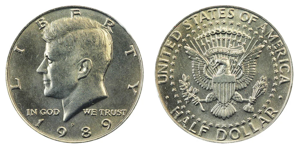 1989-P Kennedy Half Dollar obverse and reverse showing portrait of JFK and heraldic eagle design