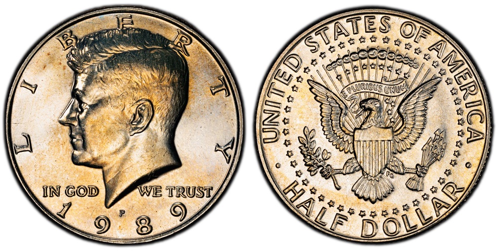 Side-by-side comparison of a common MS-66 1989 Kennedy half dollar (left) versus a rare near-perfect MS-68 specimen (right), showing surface quality difference