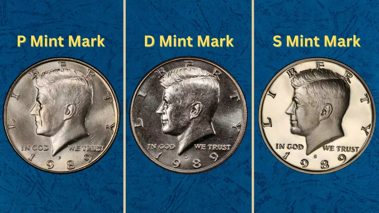 Group shot of 1989 Kennedy half dollars from Philadelphia (P), Denver (D), and San Francisco proof (S) mints arranged on dark background