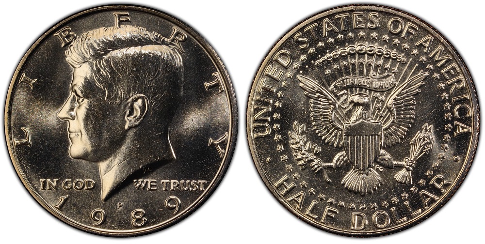 Grading strip showing four 1989 Kennedy half dollars side by side representing worn (G-4), circulated (VF-30), uncirculated (MS-65), and gem (MS-67) condition tiers